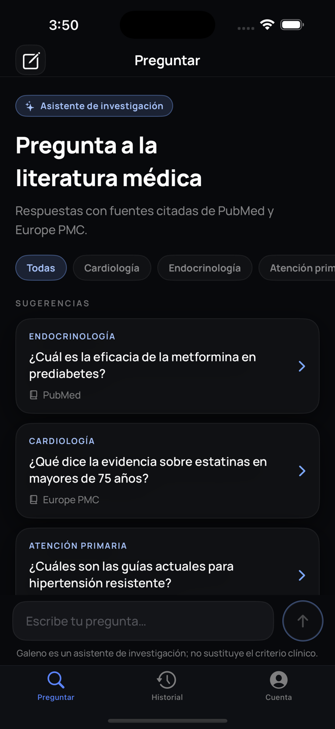 Pantalla Preguntar de Galeno con sugerencias por especialidad