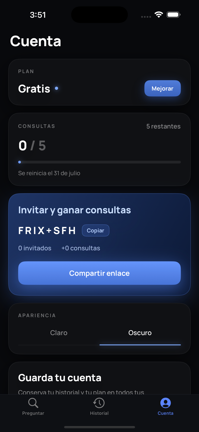 Pantalla Cuenta con plan y consultas del mes